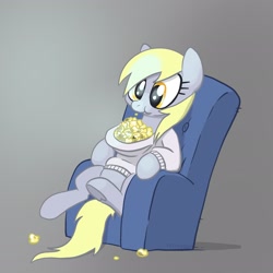 Size: 2048x2048 | Tagged: safe, artist:pfeffaroo, imported from derpibooru, derpy hooves, pegasus, pony, armchair, clothes, food, hoodie, popcorn, solo