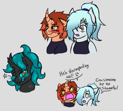 Size: 557x506 | Tagged: safe, artist:jolliapplegirl, imported from derpibooru, oc, oc:midsummer solstice, oc:toxic love, oc:wintertide solstice, changeling, hybrid, pegasus, pony, unicorn, blushing, dialogue, interspecies offspring, magical lesbian spawn, male, next generation, offspring, parent:mane-iac, parent:queen chrysalis, parents:chrysiac, stallion