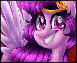 Size: 1636x1341 | Tagged: safe, artist:kimmyartmlp, edit, imported from derpibooru, pipp petals, pegasus, pony, abstract background, adorapipp, bust, cropped, cute, eyelashes, female, g5, grin, looking at you, mare, portrait, smiling, solo, teeth, watermark, wings