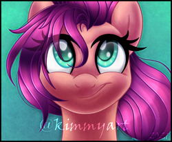 Size: 1636x1349 | Tagged: safe, artist:kimmyartmlp, edit, imported from derpibooru, sunny starscout, earth pony, pony, bust, cropped, cute, eyelashes, female, g5, gradient background, mare, portrait, smiling, solo, sunnybetes, watermark