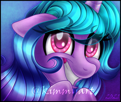 Size: 1636x1382 | Tagged: safe, artist:kimmyartmlp, edit, imported from derpibooru, izzy moonbow, pony, unicorn, bust, cropped, cute, eyelashes, female, floppy ears, g5, gradient background, grin, izzybetes, looking at you, mare, nervous, portrait, smiling, solo, teeth, watermark