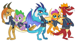 Size: 5360x3008 | Tagged: safe, artist:andoanimalia, artist:ponygamer2020, artist:thesharp0ne, artist:tomfraggle, imported from derpibooru, garble, ocellus, princess ember, smolder, spike, changedling, changeling, dragon, fallout equestria, dragon quest, school daze, triple threat, absurd resolution, blushing, claws, clothes, crossed arms, cute, diaocelles, disguise, disguised changeling, dragon ocellus, dragon wings, dragoness, dragons wearing clothes, fallout, female, flying, group, happy, horns, jumpsuit, looking at you, male, open mouth, pipboy, shy, simple background, smiling, smiling at you, smolderbetes, spread wings, teenaged dragon, teeth, transparent background, vault suit, vector, waving, waving at you, winged spike, wings