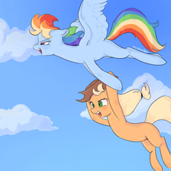 Size: 1000x1000 | Tagged: safe, artist:nodambol, imported from derpibooru, applejack, rainbow dash, earth pony, pegasus, pony, applejack's hat, cowboy hat, duo, female, floppy ears, flying, hat, mare, open mouth, sky background