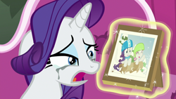 Size: 1280x720 | Tagged: safe, editor:rarity vrymer collective, imported from derpibooru, screencap, rarity, sweetie belle, pony, unicorn, forever filly, season 7, crying, duo, duo female, fainting couch, female, makeup, open mouth, picture frame, running makeup