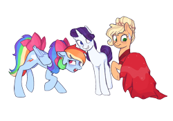 Size: 1000x700 | Tagged: safe, artist:nodambol, imported from derpibooru, applejack, rainbow dash, rarity, earth pony, pegasus, pony, unicorn, alternate hairstyle, and then there's rarity, applejack also dresses in style, bow, clothes, dress, ear piercing, earring, female, floppy ears, grin, hair bow, jewelry, makeover, mare, piercing, rainbow dash always dresses in style, raised hoof, simple background, smiling, tail bow, transparent background, trio, varying degrees of want