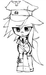 Size: 803x1300 | Tagged: safe, artist:otherdrawfag, imported from derpibooru, oc, oc only, oc:aryanne, earth pony, pony, armband, black and white, clothes, female, grayscale, hat, hate symbol, looking at you, mare, monochrome, nazi, nazi uniform, simple background, solo, swastika, uniform, white background