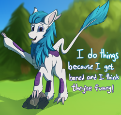 Size: 2500x2380 | Tagged: safe, artist:dadio46, imported from derpibooru, oc, oc:ketten moon, kirin, claws, forest background, high res, horns, kirin oc, open mouth, raised leg, rock, talking, talking to viewer, text, tree