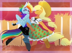 Size: 932x684 | Tagged: source needed, safe, artist:trainerfairy, imported from derpibooru, applejack, rainbow dash, anthro, digitigrade anthro, unguligrade anthro, alternate clothes, appledash, blushing, dancing, female, freckles, hat, hay bale, lesbian, shipping, short hair, smiling