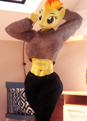 Size: 4000x5600 | Tagged: safe, artist:dashie116, imported from derpibooru, spitfire, anthro, 3d, abs, absurd resolution, belly button, clothes, daz studio, female, fitfire, jeans, looking at you, mare, muscles, pants, solo, sweater