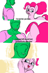 Size: 2042x3072 | Tagged: safe, artist:datzigga, imported from derpibooru, pinkie pie, oc, oc:anon, earth pony, human, pony, comic, high res, implied bisexual, implied cheese sandwich, implied cheesepie, implied shipping, implied straight, kemono michi, male, meme, muscles, muscular male, older, older pinkie pie, sketch