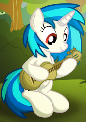 Size: 4678x6600 | Tagged: safe, artist:agkandphotomaker2000, imported from derpibooru, dj pon-3, vinyl scratch, pony, unicorn, absurd resolution, afternoon, bush, female, guitar, mare, musical instrument, playing instrument, show accurate, sitting, solo, tree, wrong eye color