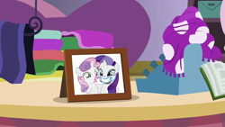 Size: 1280x720 | Tagged: safe, editor:rarity vrymer collective, imported from derpibooru, screencap, rarity, sweetie belle, forever filly, female, framed picture, smiling