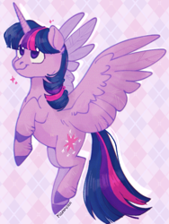 Size: 768x1024 | Tagged: safe, artist:pigeorgien, imported from derpibooru, twilight sparkle, alicorn, pony, abstract background, female, flying, mare, smiling, solo, sparkles, spread wings, twilight sparkle (alicorn), unshorn fetlocks, wings