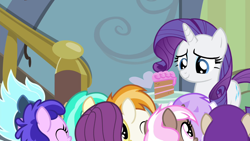 Size: 1280x720 | Tagged: safe, editor:rarity vrymer collective, imported from derpibooru, screencap, rarity, pony, for whom the sweetie belle toils, season 4, cake, female, food, rarity looking at food, solo