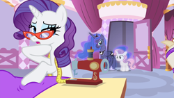 Size: 1280x720 | Tagged: safe, edit, edited screencap, editor:rarity vrymer collective, imported from derpibooru, screencap, princess luna, rarity, sweetie belle, alicorn, pony, unicorn, for whom the sweetie belle toils, season 4, carousel boutique, female, filly, foal, glasses, glasses rarity, mare, measuring tape, rarity's glasses, sewing, sewing machine