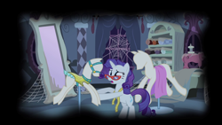 Size: 1280x720 | Tagged: safe, editor:rarity vrymer collective, imported from derpibooru, screencap, rarity, for whom the sweetie belle toils, season 4, carousel boutique, female, glasses rarity, measuring tape, sewing, sewing machine