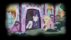 Size: 1280x720 | Tagged: safe, editor:rarity vrymer collective, imported from derpibooru, screencap, fluttershy, rarity, pegasus, unicorn, for whom the sweetie belle toils, season 4, carousel boutique, female, floppy ears