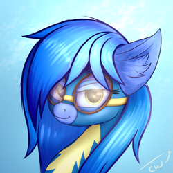 Size: 1221x1221 | Tagged: safe, artist:colourwave, imported from derpibooru, oc, oc only, oc:blue bolt, pegasus, pony, bust, clothes, commission, ear fluff, female, goggles, looking at you, mare, pegasus oc, portrait, simple background, smiling, solo, uniform, wings, wonderbolt trainee uniform, wonderbolts uniform