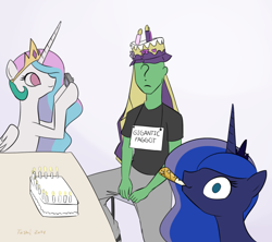 Size: 764x678 | Tagged: safe, artist:furseiseki, imported from derpibooru, princess celestia, princess luna, oc, oc:anon, birthday, cake, camera, female, food, hat, party hat, party horn, practical joke, request, royal sisters, rude, siblings, sign, simple background, sisters, vulgar, white background