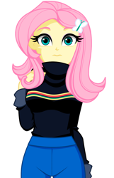 Size: 752x1167 | Tagged: safe, artist:rosemile mulberry, imported from derpibooru, fluttershy, human, equestria girls, butterfly hairpin, clothes, female, looking at you, solo, sweater, sweatershy