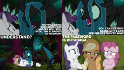 Size: 1280x720 | Tagged: safe, edit, edited screencap, editor:quoterific, imported from derpibooru, screencap, mean applejack, mean pinkie pie, mean rarity, queen chrysalis, changeling, earth pony, pony, unicorn, season 8, the mean 6, spoiler:s08, applejack's hat, clone, cowboy hat, eyes closed, female, forest, hat, mare, open mouth, yelling