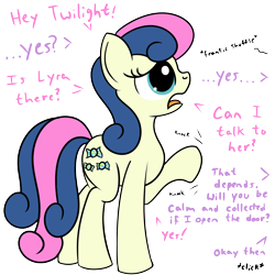 Size: 2000x2000 | Tagged: safe, artist:dafiltafish, imported from derpibooru, bon bon, sweetie drops, earth pony, pony, comic:day by day, dialogue, female, high res, implied lyra, implied twilight sparkle, mare, simple background, solo, transparent background