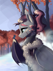 Size: 1536x2048 | Tagged: safe, artist:alrumoon.art, artist:alrumoon_art, imported from derpibooru, oc, oc only, oc:graceful hotstuff, bat pony, butterfly, pegasus, pony, armor, autumn, beautiful, clothes, crying, elegant, female, gray coat, mare, ponytail, scenery, solo, tears of joy, tree, winter coat, winter outfit