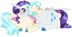 Size: 1580x806 | Tagged: safe, artist:artistcoolpony, imported from derpibooru, coco pommel, rarity, earth pony, pony, unicorn, blushing, chest fluff, colored hooves, cuddling, eyes closed, female, floppy ears, lesbian, lying down, mare, marshmallow coco, prone, shipping, simple background, smiling, transparent background, watermark