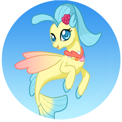 Size: 814x810 | Tagged: safe, artist:cardcaptorkatara, imported from derpibooru, princess skystar, seapony (g4), my little pony: the movie, blue background, blue eyes, blue mane, dorsal fin, female, fins, fish tail, flower, flower in hair, jewelry, looking at you, necklace, open mouth, pearl necklace, simple background, smiling, solo, tail, wings