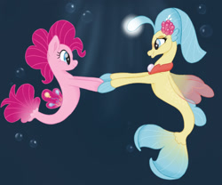 Size: 1024x853 | Tagged: safe, artist:neskers, imported from derpibooru, pinkie pie, princess skystar, earth pony, pony, seapony (g4), my little pony: the movie, bioluminescent, blue mane, bubble, crepuscular rays, dorsal fin, female, fin wings, fins, fish tail, flower, flower in hair, flowing tail, jewelry, lesbian, looking at each other, necklace, ocean, pearl necklace, pink mane, seaponified, seapony pinkie pie, shipping, skypie, smiling, species swap, tail, underwater, water, wings