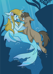 Size: 900x1250 | Tagged: safe, artist:mermaidnerin, imported from derpibooru, oc, oc only, oc:scale shimmer, earth pony, hybrid, merpony, pony, seapony (g4), starfish, blue eyes, bubble, dorsal fin, female, fins, fish tail, lidded eyes, looking at each other, male, open mouth, seaweed, smiling, stallion, swimming, tail, underwater, water