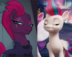 Size: 888x701 | Tagged: safe, imported from derpibooru, screencap, tempest shadow, zipp storm, pegasus, pony, unicorn, my little pony: the movie, broken horn, eye scar, female, g5, horn, lidded eyes, mare, scar, smug