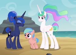 Size: 940x681 | Tagged: safe, artist:colorcodetheartist, artist:painterede, artist:selenaede, derpibooru exclusive, imported from derpibooru, princess celestia, princess luna, oc, oc:prince geo, base used, base:selenaede, beach, female, incest, lesbian, magical lesbian spawn, male, maternaluna, momlestia, mother and child, mother and son, offspring, parent:princess celestia, parent:princess luna, parents:princest, princest, product of incest, royal sisters, shipping, siblings, sisters