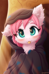 Size: 1600x2400 | Tagged: safe, artist:symbianl, imported from derpibooru, oc, oc only, oc:fluffle puff, earth pony, pony, :p, blanket, blushing, cheek fluff, chest fluff, cute, ear fluff, eye reflection, fluffle puff tales, flufflebetes, fluffy, ocbetes, reflection, scene interpretation, solo, symbianl is trying to murder us, tongue out