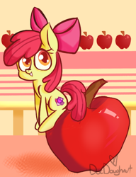 Size: 414x540 | Tagged: safe, artist:docdoughnut, imported from derpibooru, apple bloom, earth pony, pony, apple, apple bloom's bow, bow, cutie mark, female, filly, food, hair bow, looking at you, signature, sitting, smiling, solo