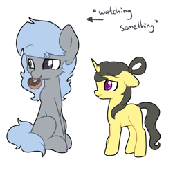 Size: 500x500 | Tagged: safe, artist:ruedle, imported from derpibooru, oc, oc only, oc:shai ni, earth pony, pony, unicorn, donut, female, filly, food