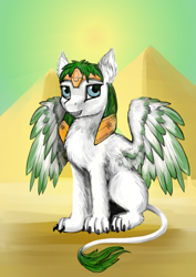Size: 2480x3508 | Tagged: safe, artist:dalagar, derpibooru exclusive, imported from derpibooru, oc, oc only, oc:mint wellington, sphinx, blue eyes, chest fluff, claws, ear fluff, green mane, high res, leonine tail, male, paws, pyramid, sitting, solo, sphinx oc, spread wings, tail fluff, wing fluff, wings