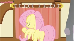 Size: 1280x720 | Tagged: safe, imported from derpibooru, screencap, fluttershy, pegasus, pony, scare master, bipedal, butt, curtain, curtains, eyes closed, female, floppy ears, flutterbutt, fluttershy's cottage, fluttershy's cottage (interior), fluttershy's cutie mark, happy, house, mare, mid-blink screencap, one wing out, plot, pulling, raised hoof, smiling, turning, wings