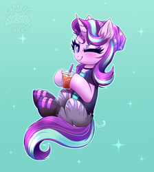 Size: 2683x3000 | Tagged: safe, artist:confetticakez, imported from derpibooru, starlight glimmer, pony, unicorn, beanie, blushing, boots, choker, clothes, cute, ear fluff, equestria girls outfit, female, glimmerbetes, gradient background, hat, high res, holding, iced coffee, jeans, looking at you, mare, one eye closed, pants, ripped jeans, ripped pants, shoes, solo, sparkles, stars, torn clothes, vest, wink