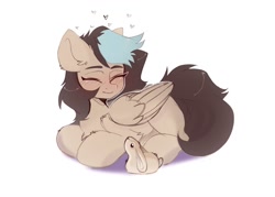 Size: 1024x734 | Tagged: safe, artist:kebchach, imported from derpibooru, oc, oc only, pegasus, pony, rabbit, animal, blushing, chest fluff, eyes closed, heart, lying down, sketch, smiling, solo