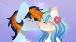 Size: 1024x562 | Tagged: safe, artist:kebchach, imported from derpibooru, oc, oc only, oc:seascape, oc:skysail, pony, blushing, boop, chest fluff, female, flower, flower in hair, heart, male, noseboop, seasail, smiling, straight