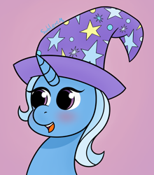 Size: 1630x1850 | Tagged: safe, artist:subleni, imported from derpibooru, trixie, pony, unicorn, blushing, female, mare, pink background, simple background, smiling, solo