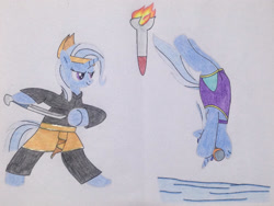 Size: 1280x960 | Tagged: safe, artist:don2602, imported from derpibooru, trixie, pony, unicorn, bipedal, clothes, dagger, diving, goggles, headband, martial arts, pencak silat, smiling, solo, swimsuit, sword, torch, traditional art, weapon