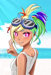 Size: 692x1024 | Tagged: safe, artist:kanrururu7, imported from derpibooru, kotobukiya, rainbow dash, human, beach, clothes, dark skin, goggles, google, humanized, kotobukiya rainbow dash, peace sign, sleeveless, solo, tanktop