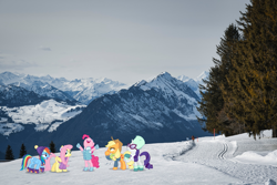 Size: 2103x1403 | Tagged: safe, artist:luckreza8, imported from derpibooru, applejack, fluttershy, pinkie pie, rainbow dash, rarity, earth pony, pegasus, pony, unicorn, alps, clothes, female, hat, irl, mare, mittens, mountain, mountain range, photo, ponies in real life, story included, sunglasses, sweater, switzerland, winter outfit