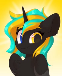 Size: 843x1024 | Tagged: safe, artist:kebchach, imported from derpibooru, oc, oc only, alicorn, pony, bust, chest fluff, commission, explicit source, heterochromia, looking at you, smiling, solo, ych result