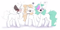 Size: 2048x1032 | Tagged: safe, artist:kebchach, imported from derpibooru, oc, oc only, pony, unicorn, chest fluff, curved horn, eyes closed, hair over one eye, horn, laughing, unamused