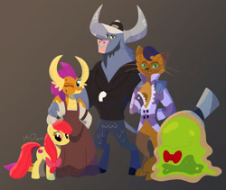 Size: 1920x1622 | Tagged: safe, artist:bearmation, artist:heavysplatter, imported from derpibooru, apple bloom, capper dapperpaws, iron will, smolder, smooze, abyssinian, anthro, digitigrade anthro, dragon, earth pony, minotaur, pony, chest fluff, dragoness, female, gradient background, hand on shoulder, older, older apple bloom, older smolder