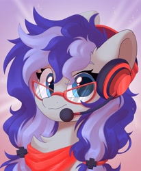 Size: 1684x2048 | Tagged: safe, artist:kebchach, imported from derpibooru, oc, oc only, oc:cinnabyte, earth pony, pony, bust, chest fluff, clothes, commission, glasses, headset, looking at you, scarf, smiling, solo, ych result