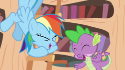 Size: 1920x1080 | Tagged: safe, imported from derpibooru, screencap, rainbow dash, spike, dragon, pegasus, pony, it's about time, season 2, eyes closed, female, golden oaks library, ladder, laughing, male, mare, open mouth